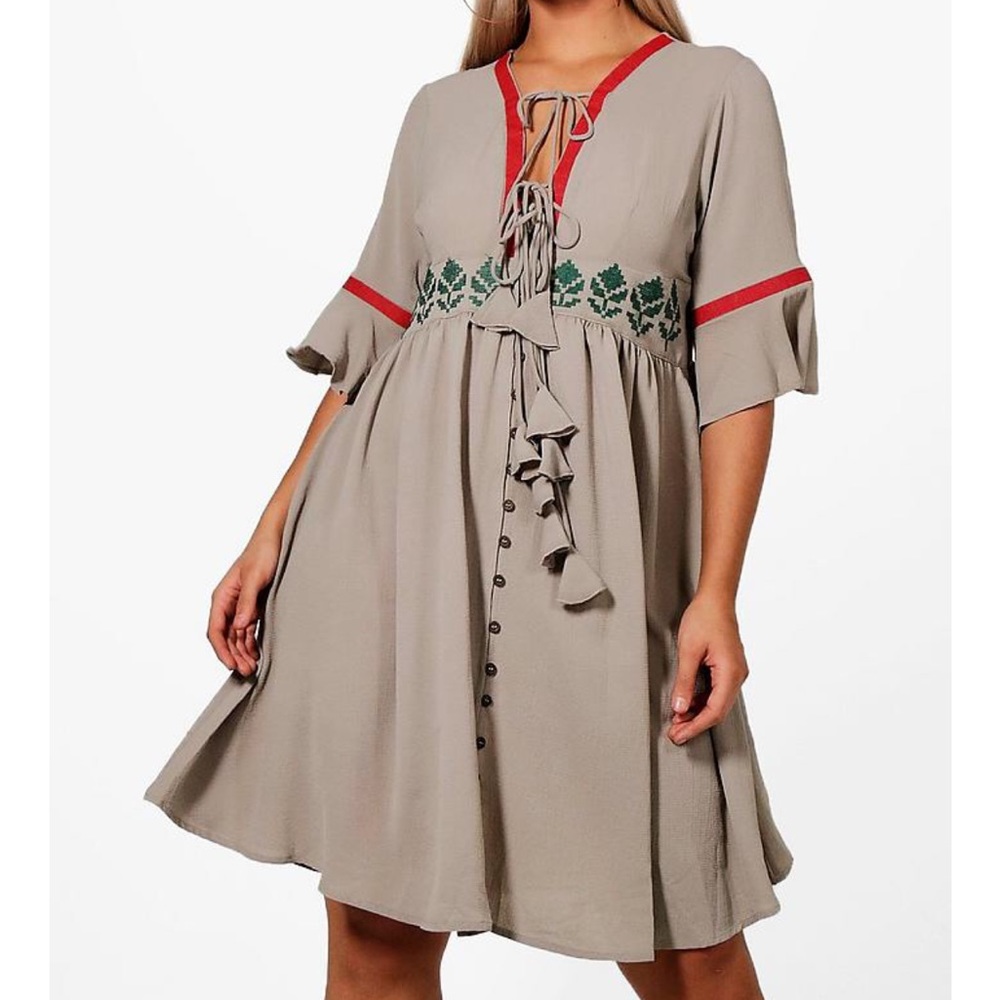 EUC Beautiful Embroidered Flowing Crepe Dress with Tassel and Button Detail